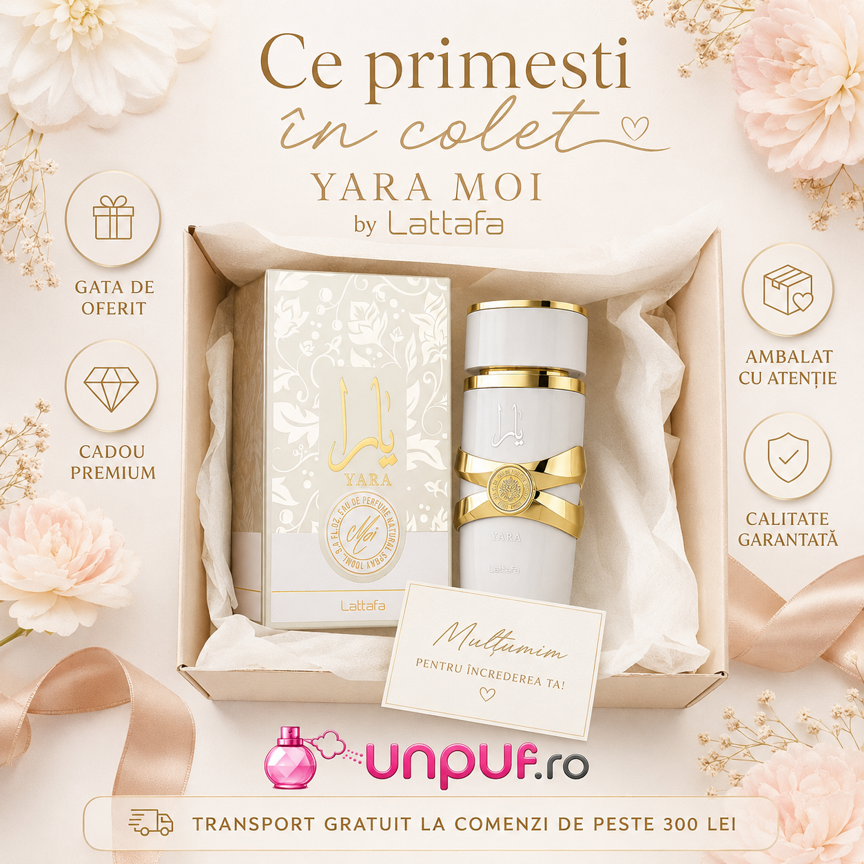 Ce primești &icirc;n colet Lattafa Yara Moi, parfum original, ambalat cu atenție, cadou premium pentru femei